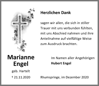 Traueranzeige von Marianne Engel von Eichsfelder Tageblatt
