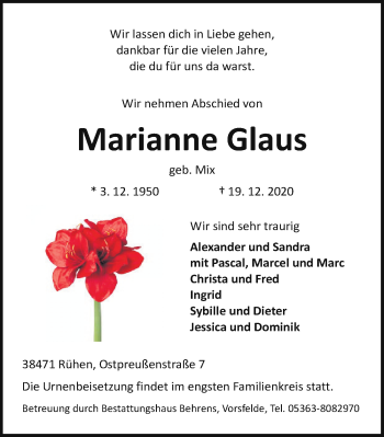 Traueranzeige von Marianne Glaus von Aller Zeitung