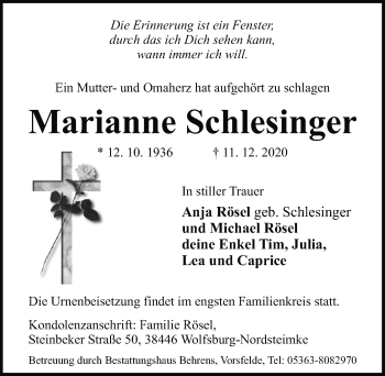 Traueranzeige von Marianne Schlesing von Aller Zeitung