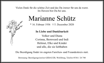 Traueranzeige von Marianne Schütz von Aller Zeitung