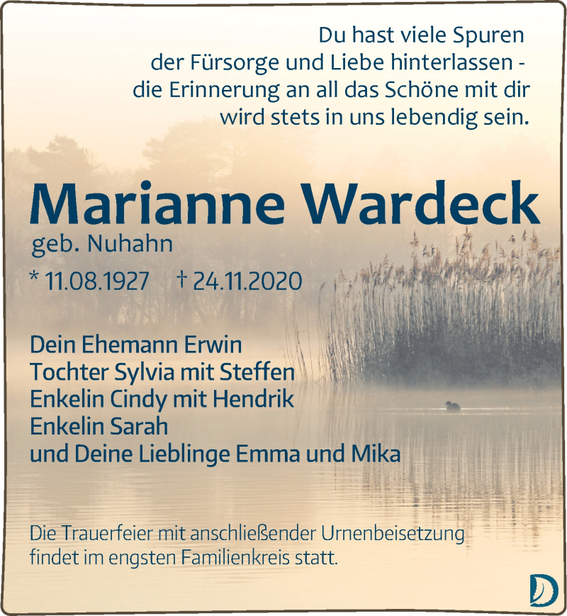  Traueranzeige für Marianne Wardeck vom 12.12.2020 aus Leipziger Volkszeitung