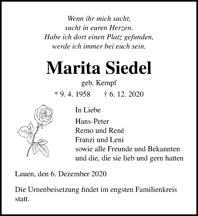  Traueranzeige für Marita Siedel vom 22.12.2020 aus Ostsee-Zeitung GmbH