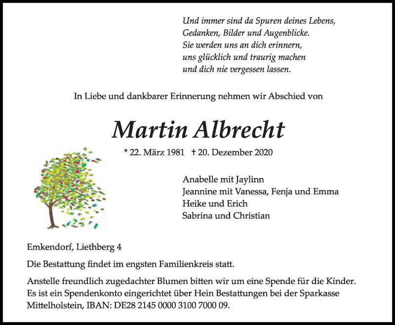  Traueranzeige für Martin Albrecht vom 30.12.2020 aus Kieler Nachrichten