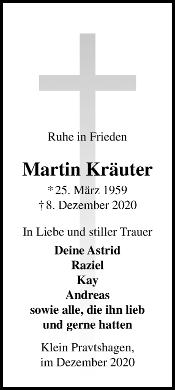 Traueranzeige von Martin Kräuter von Ostsee-Zeitung GmbH