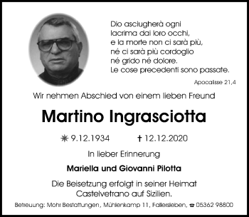Traueranzeige von Martino Ingrasciotta von Aller Zeitung