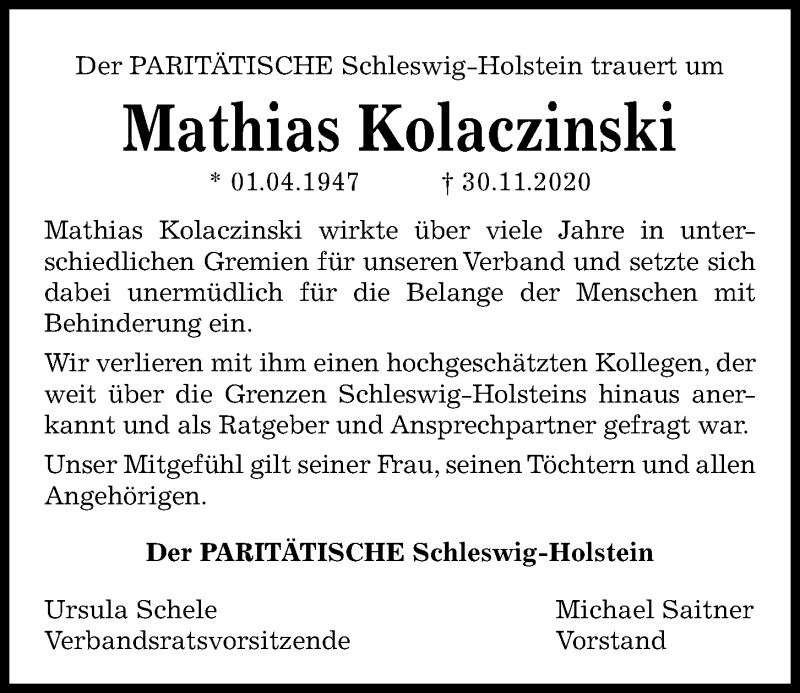  Traueranzeige für Mathias Kolaczinski vom 05.12.2020 aus Kieler Nachrichten