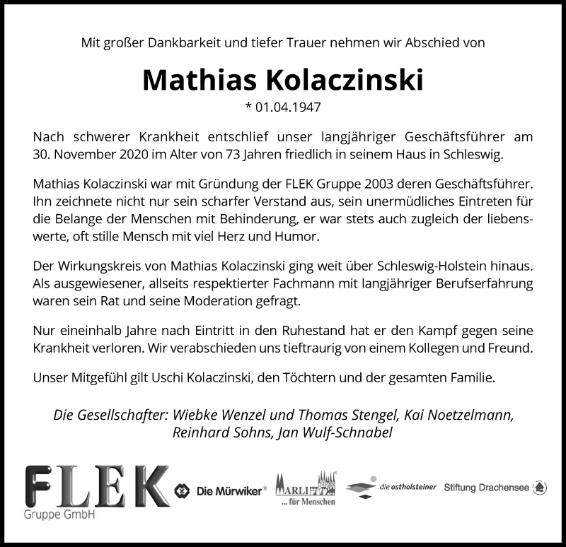  Traueranzeige für Mathias Kolaczinski vom 04.12.2020 aus Kieler Nachrichten