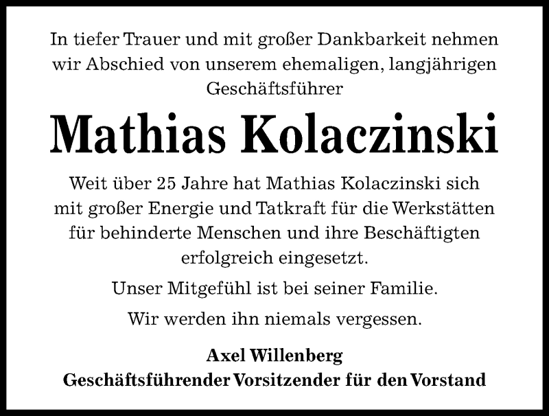  Traueranzeige für Mathias Kolaczinski vom 05.12.2020 aus Kieler Nachrichten