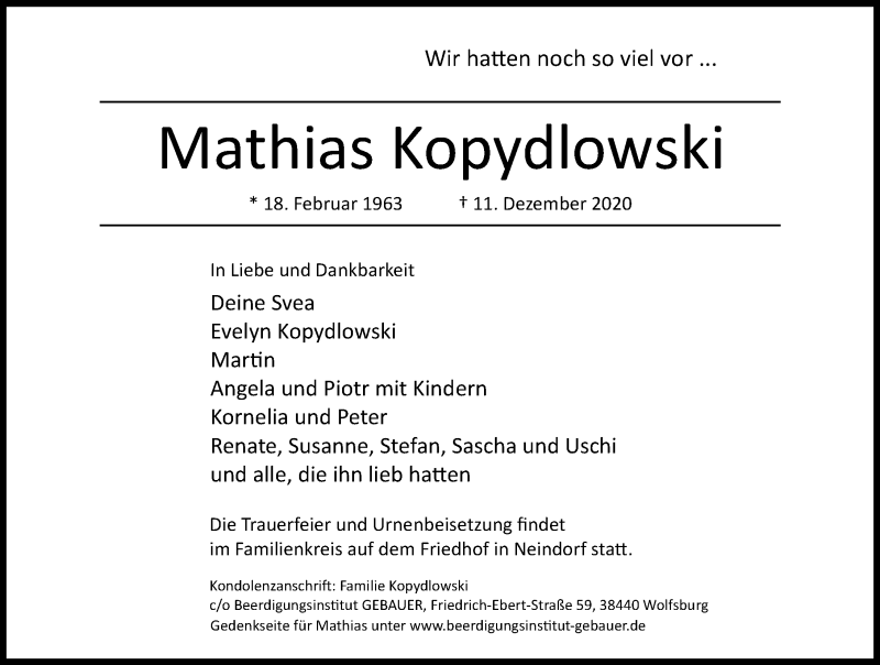  Traueranzeige für Mathias Kopydlowski vom 18.12.2020 aus Aller Zeitung