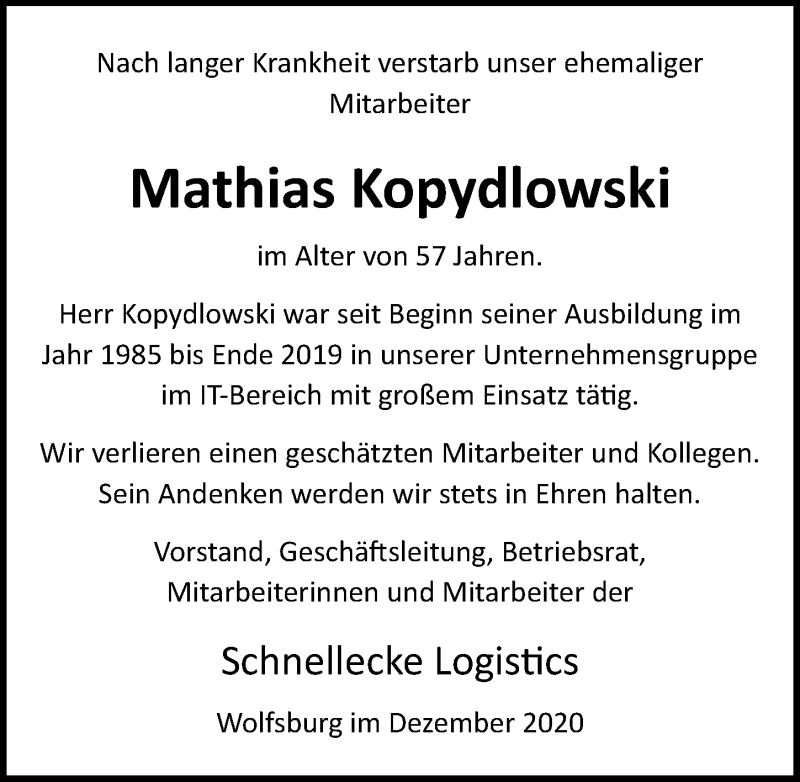  Traueranzeige für Mathias Kopydlowski vom 22.12.2020 aus Aller Zeitung