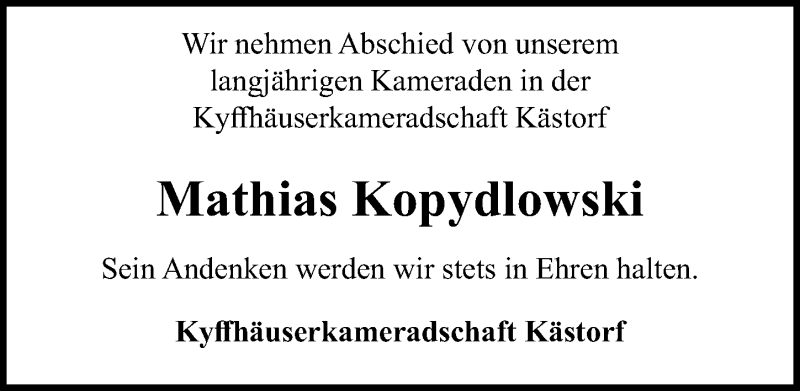  Traueranzeige für Mathias Kopydlowski vom 18.12.2020 aus Aller Zeitung