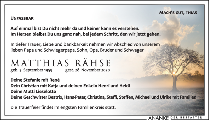  Traueranzeige für Matthias Rähse vom 12.12.2020 aus Leipziger Volkszeitung