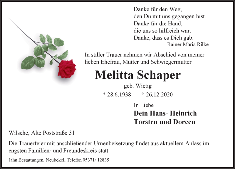  Traueranzeige für Melitta Schaper vom 30.12.2020 aus Aller Zeitung