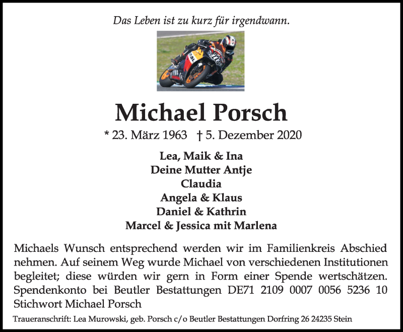  Traueranzeige für Michael Porsch vom 12.12.2020 aus Kieler Nachrichten