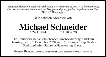 Traueranzeige von Michael Schneider von Hannoversche Allgemeine Zeitung/Neue Presse