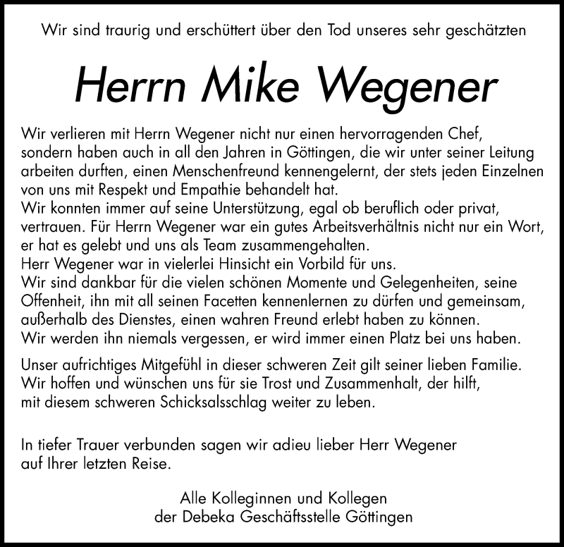  Traueranzeige für Mike Wegener vom 05.12.2020 aus Göttinger Tageblatt