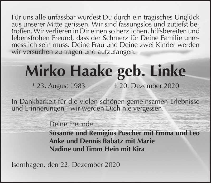  Traueranzeige für Mirko Haake vom 24.12.2020 aus Hannoversche Allgemeine Zeitung/Neue Presse