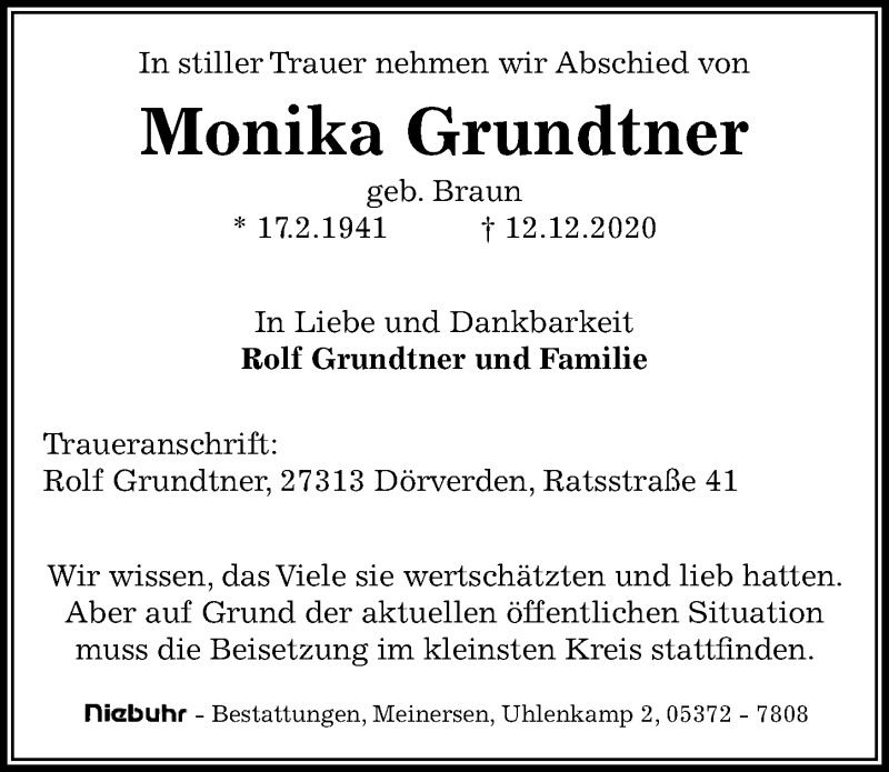  Traueranzeige für Monika Grundtner vom 22.12.2020 aus Aller Zeitung