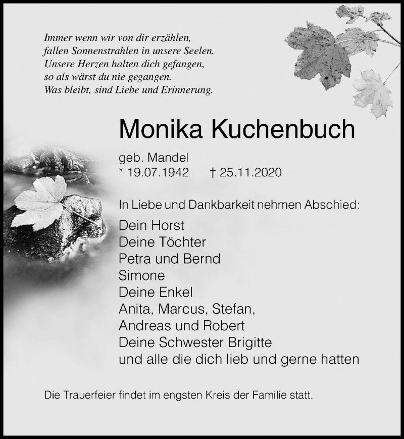  Traueranzeige für Monika Kuchenbuch vom 05.12.2020 aus Ostsee-Zeitung GmbH