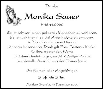 Traueranzeige von Monika Sauer von Göttinger Tageblatt