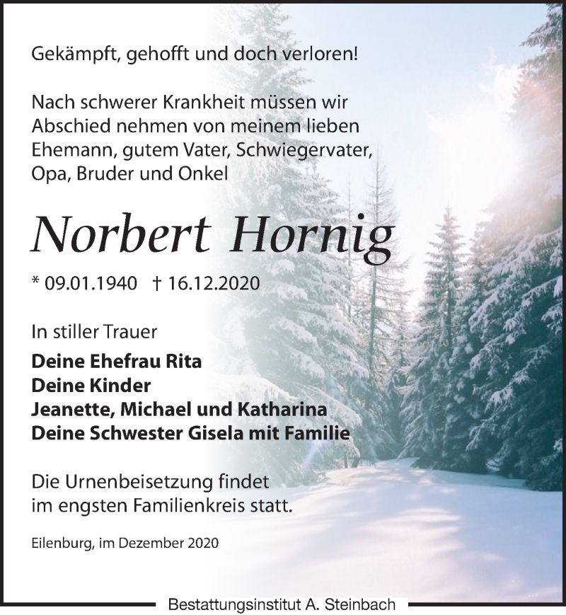  Traueranzeige für Norbert Hornig vom 19.12.2020 aus Leipziger Volkszeitung