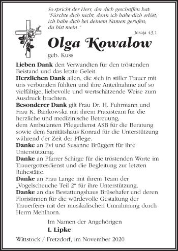 Traueranzeige von Olga Kowalow von Märkischen Allgemeine Zeitung