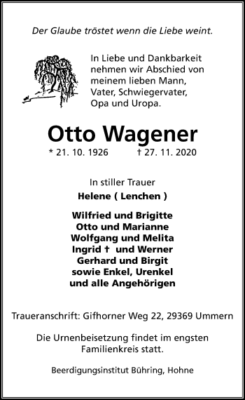 Traueranzeige von Otto Wagener von Aller Zeitung