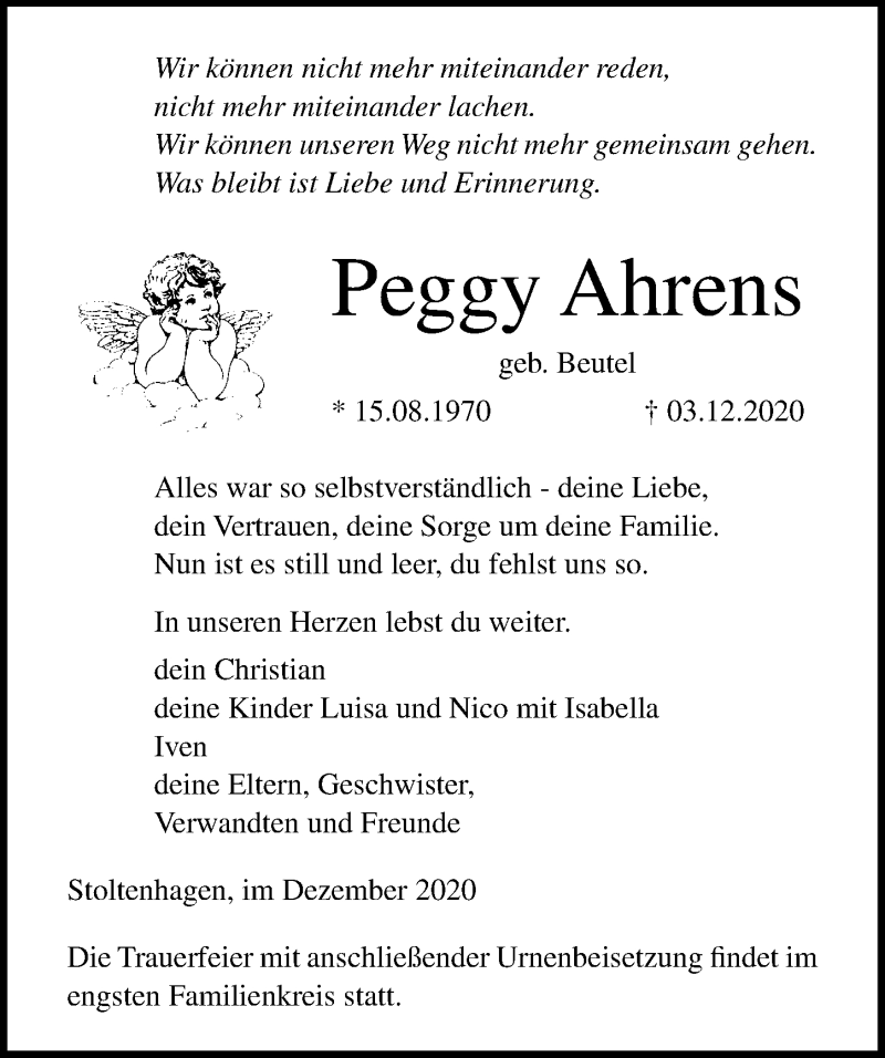  Traueranzeige für Peggy Ahrens vom 12.12.2020 aus Ostsee-Zeitung GmbH