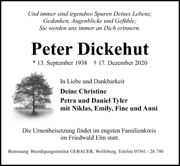 Traueranzeige von Peter Dickehut von Aller Zeitung