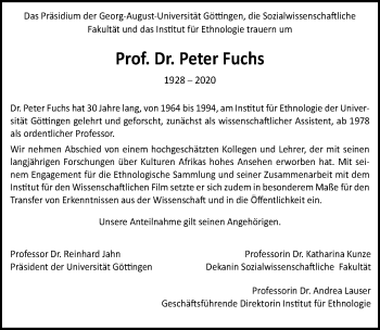 Traueranzeige von Peter Fuchs von Göttinger Tageblatt