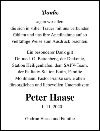 Traueranzeige von Peter Haase von Lübecker Nachrichten