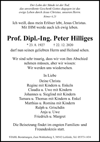 Traueranzeige von Peter Hilliges von Aller Zeitung