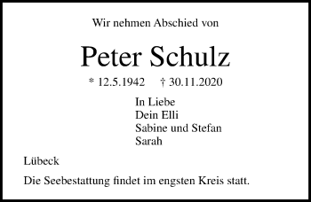 Traueranzeige von Peter Schulz von Lübecker Nachrichten