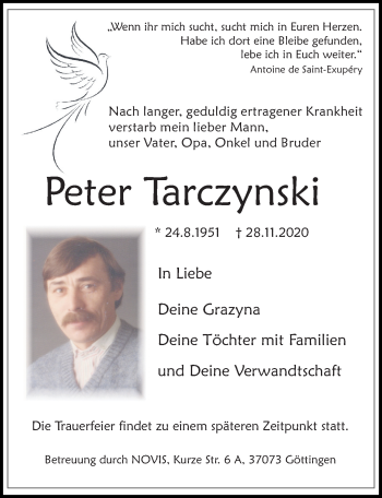 Traueranzeige von Peter Tarczynski von Göttinger Tageblatt