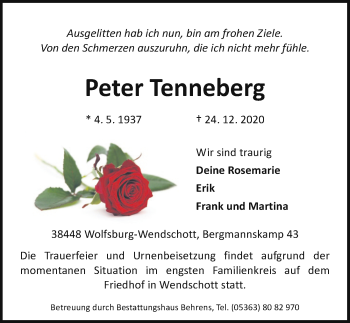 Traueranzeige von Peter Tenneberg von Aller Zeitung