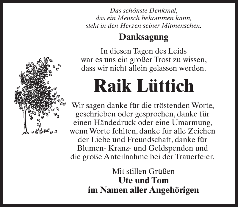  Traueranzeige für Raik Lüttich vom 12.12.2020 aus Märkischen Allgemeine Zeitung