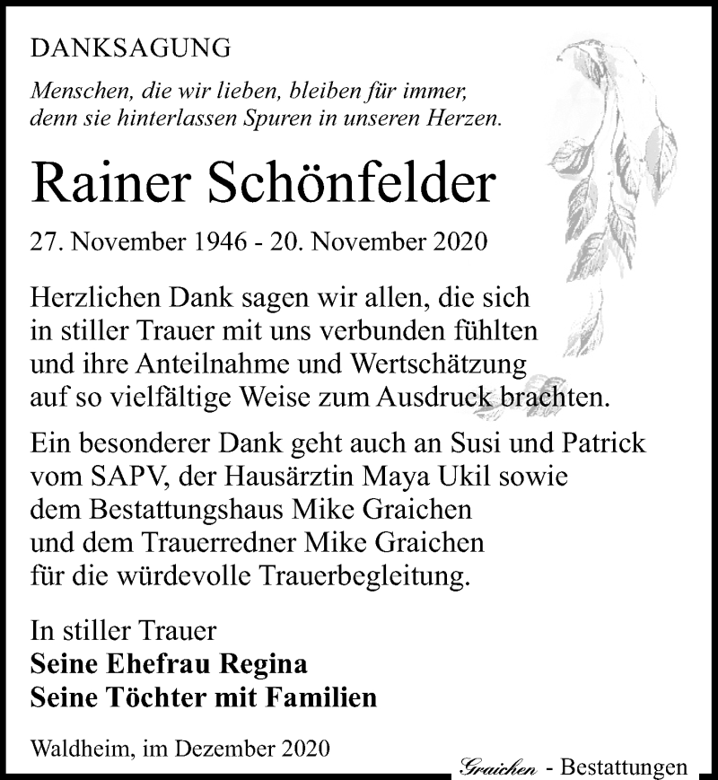  Traueranzeige für Rainer Schönfelder vom 19.12.2020 aus Leipziger Volkszeitung