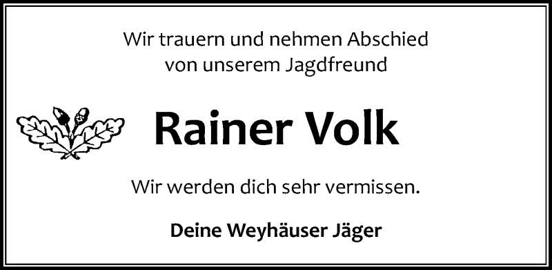  Traueranzeige für Rainer Volk vom 19.12.2020 aus Aller Zeitung