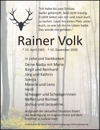 Traueranzeige von Rainer Volk von Aller Zeitung