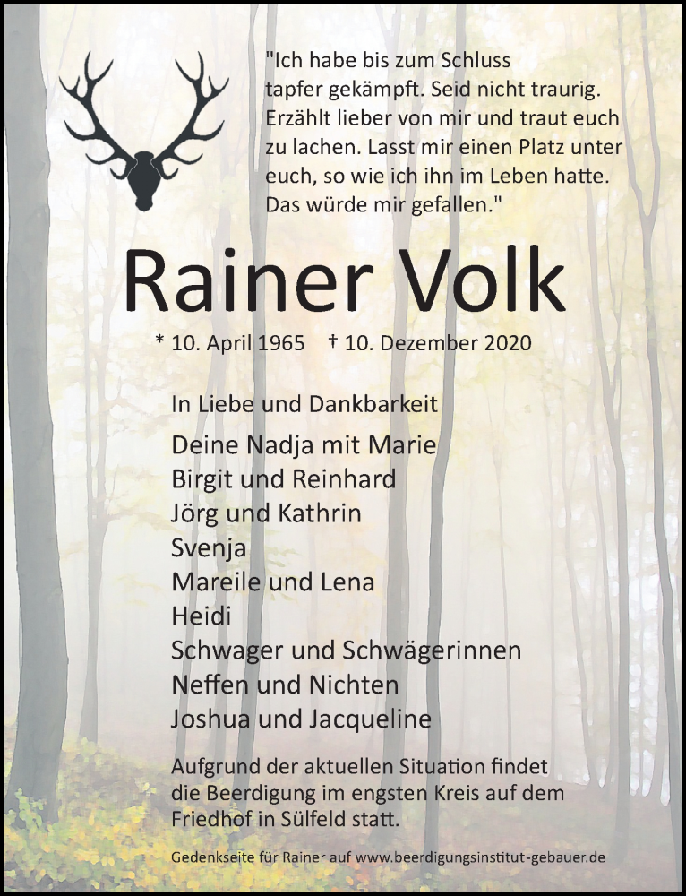  Traueranzeige für Rainer Volk vom 16.12.2020 aus Aller Zeitung