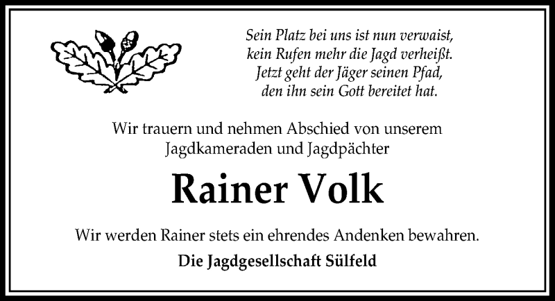  Traueranzeige für Rainer Volk vom 17.12.2020 aus Aller Zeitung
