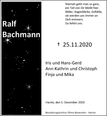Traueranzeige von Ralf Bachmann von Göttinger Tageblatt