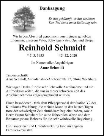 Traueranzeige von Reinhold Schmidt von Aller Zeitung