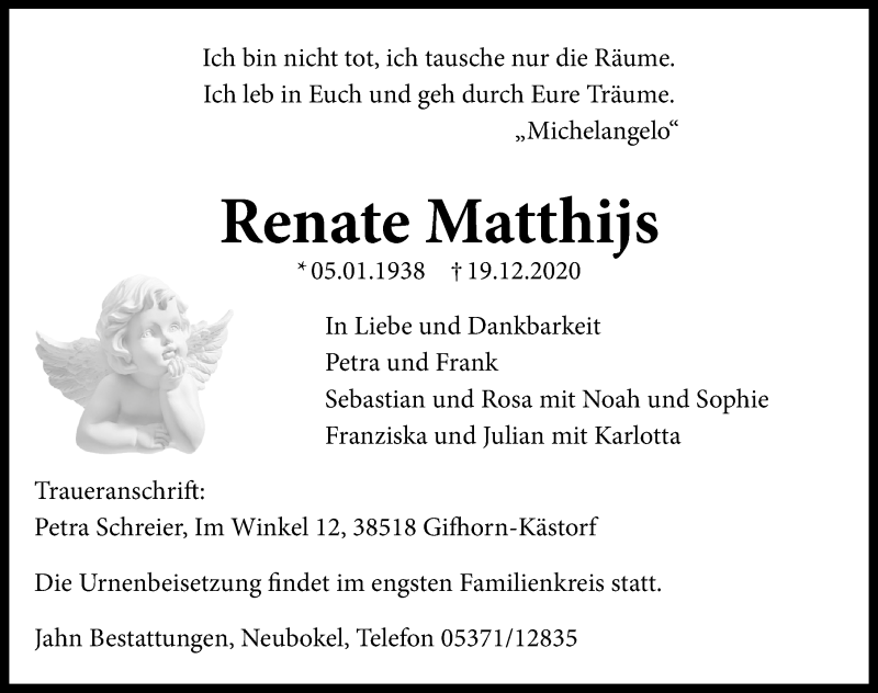  Traueranzeige für Renate Matthijs vom 22.12.2020 aus Aller Zeitung