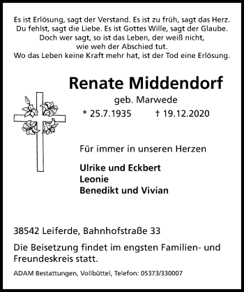 Traueranzeige von Renate Middendorf von Aller Zeitung