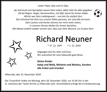 Traueranzeige von Richard Neuner von Eichsfelder Tageblatt