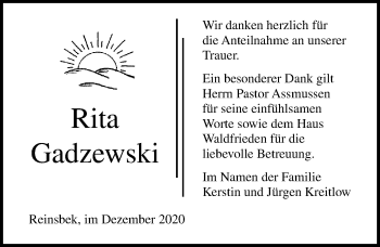 Traueranzeige von Rita Gadzewski von Lübecker Nachrichten