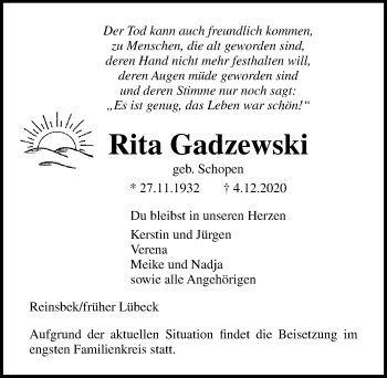 Traueranzeige von Rita Gadzewski von Lübecker Nachrichten