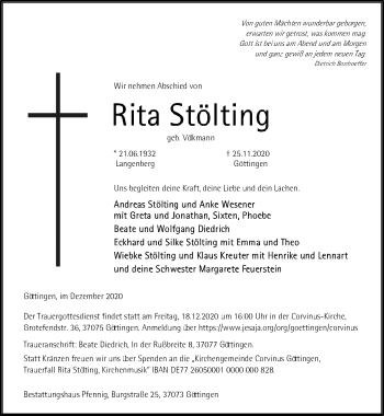Traueranzeige von Rita Stölting von Göttinger Tageblatt