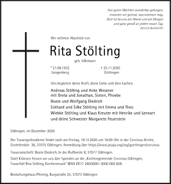 Traueranzeige von Rita Stölting von Göttinger Tageblatt